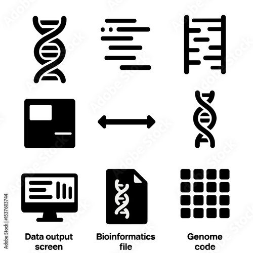 Modern DNA Sequencing Icons. Solid, filled icons set of DNA sequencing technology: DNA base pair, sequence