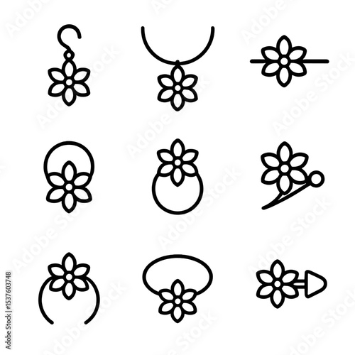 Petal Accessory Icons. Outline icon set of petal-themed accessories: petal earring, petal necklace, petal hairpin, petal bracelet,