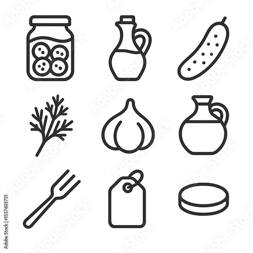 Pickling Icon Set. Outline icon set of pickling preservation: mason jar, vinegar bottle, cucumber spear, dill sprig, garlic clove,