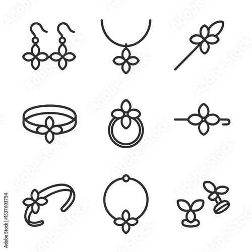 Petal Accessory Icons. Outline icon set of petal-themed accessories: petal earring, petal necklace, petal hairpin, petal bracelet,
