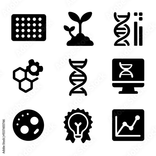 Biotech Icon Grid. Solid, filled icons set of biotechnology and genomics: biochip, biotech plant, data-driven