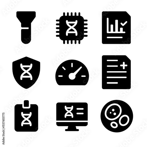 Genetic Testing Icons. Solid, filled icons set of genetic testing and diagnostics: saliva test tube,