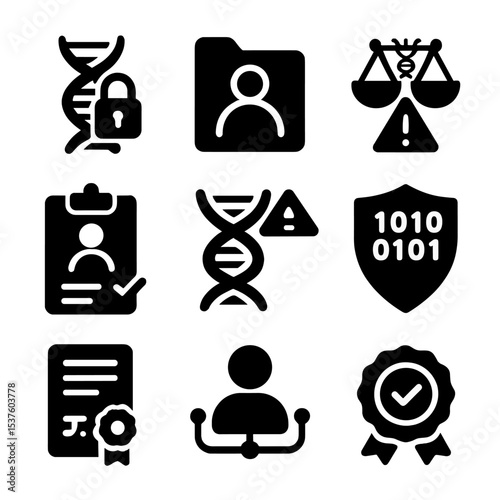 Genetic Ethics Icons Grid. Solid, filled icons set of ethical issues in genetic science: DNA lock, privacy