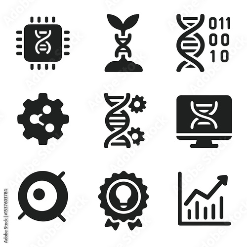 Biotech Icon Grid. Solid, filled icons set of biotechnology and genomics: biochip, biotech plant, data-driven