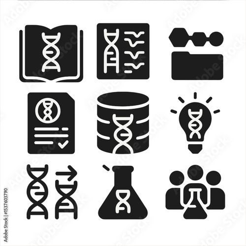 Human Genome Icons. Solid, filled icons set of human genome project and studies: reference genome, chromosome