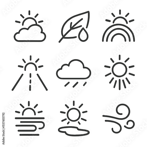 Post-Storm Icon Set. Outline icon set of post-storm sun rays: clearing sky, wet leaf, rainbow hint, damp road, scattered cloud,