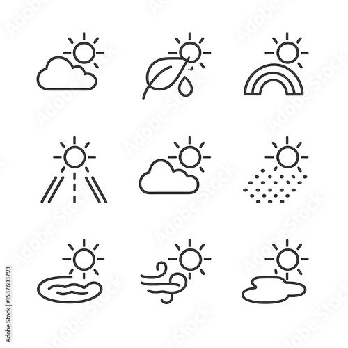 Post-Storm Icon Set. Outline icon set of post-storm sun rays: clearing sky, wet leaf, rainbow hint, damp road, scattered cloud,