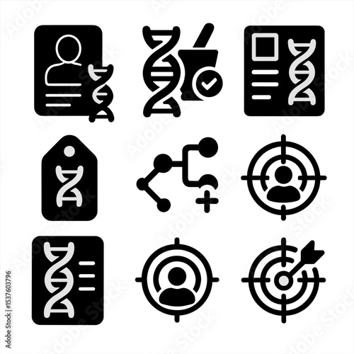 Genetics Icon Set. Solid, filled icons set of genetics in personalized medicine: patient profile, custom