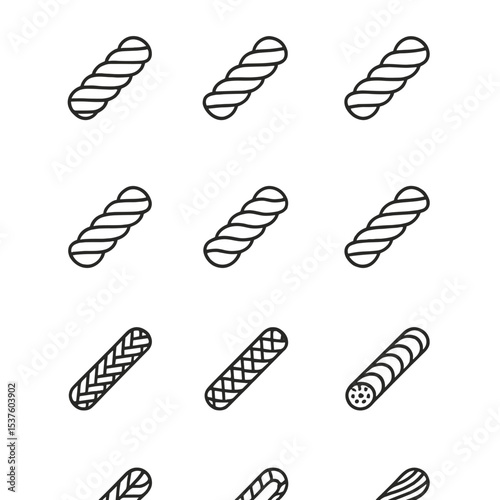 Rope Types Icons. Outline icon set of rope types: manila rope, sisal rope, nylon rope, polyester rope, polypropylene rope, hemp