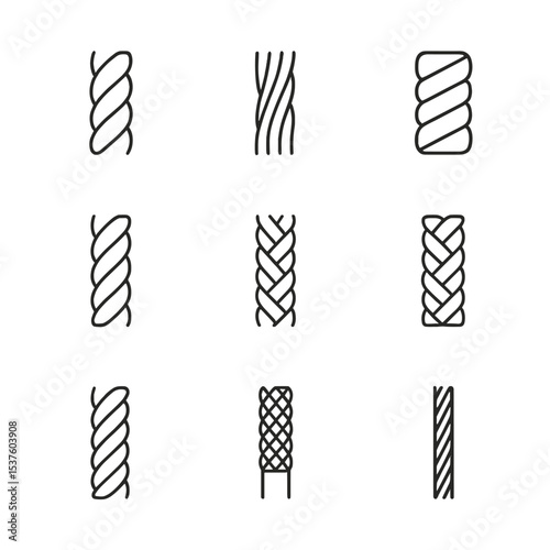 Rope Types Icons. Outline icon set of rope types: manila rope, sisal rope, nylon rope, polyester rope, polypropylene rope, hemp