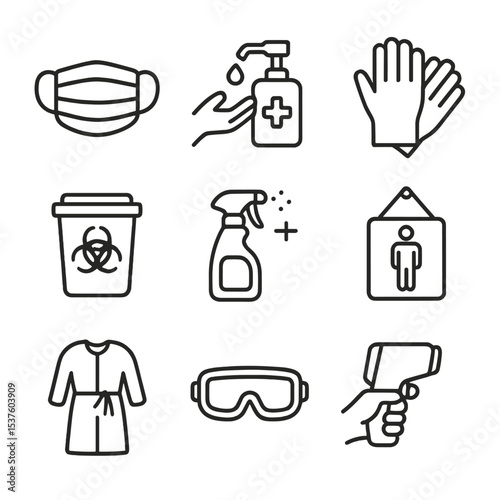 Safety Icons Grid. Outline icon set of safety and infection control: face mask, hand sanitizer, gloves, biohazard bin,
