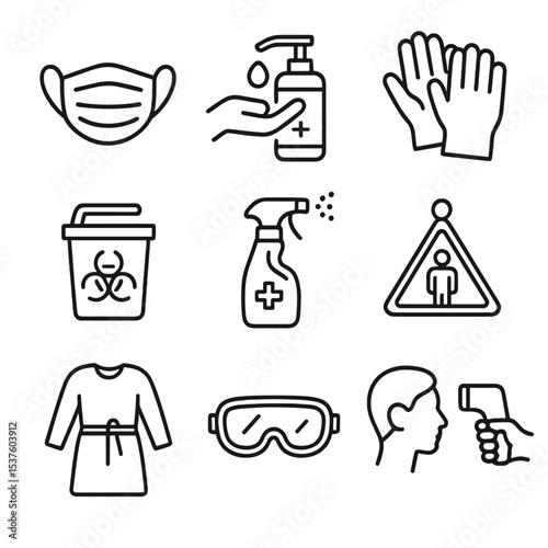 Safety Icons Grid. Outline icon set of safety and infection control: face mask, hand sanitizer, gloves, biohazard bin,
