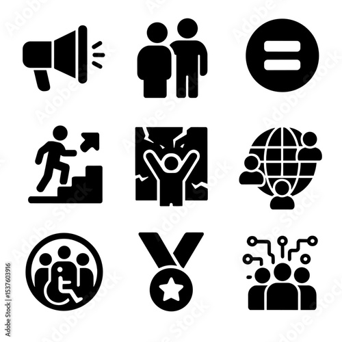 Tech Empowerment Icons. Solid, filled icons set of advocacy and empowerment in tech: megaphone icon,