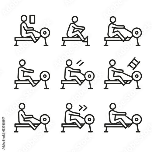 Rowing Drill Icons. Outline icon set of training drills: pause drill, pick drill, arms-only drill, legs-only drill, power ten,