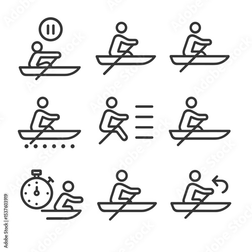 Rowing Drill Icons. Outline icon set of training drills: pause drill, pick drill, arms-only drill, legs-only drill, power ten,