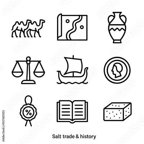 Salt Trade Icon Set. Outline icon set of salt trade & history: camel caravan, salt road map, ancient amphora, merchant scale,