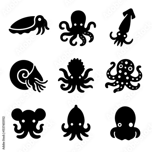 Cephalopod Icons Grid. Solid, filled icons set of cephalopod relatives: cuttlefish, octopus, squid, nautilus,