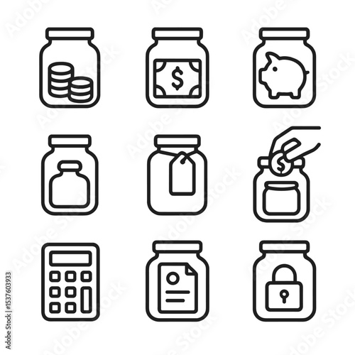 Savings Icons Collection. Outline icon set of money savings jars: coin pile, dollar bill, piggy bank, cork stopper, label “savings