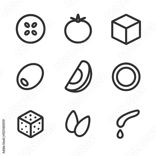 Salad Bowl Ingredients. Outline icon set of salad bowl ingredients: cucumber slice, cherry tomato, feta cube, olive, avocado slice