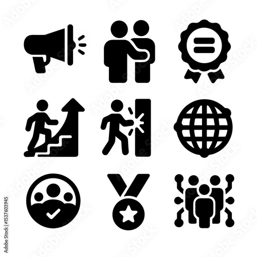 Tech Empowerment Icons. Solid, filled icons set of advocacy and empowerment in tech: megaphone icon,