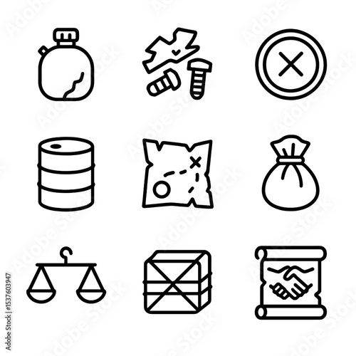 Scavenger Economy Icons. Outline icon set of scavenger economy items: rusted canteen, scrap metal pile, barter coin, fuel drum,