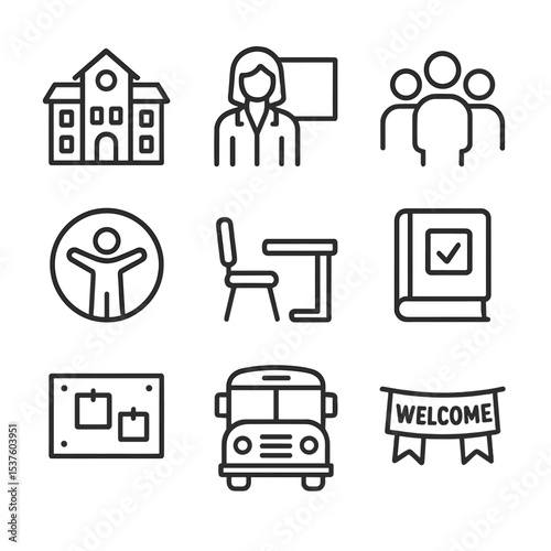 School Integration Icons. Outline icon set of school integration programs: school building, teacher figure, student group,