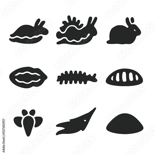 Mollusk Icon Collection. Solid, filled icons set of mollusks without shells: sea slug, nudibranch, sea hare,