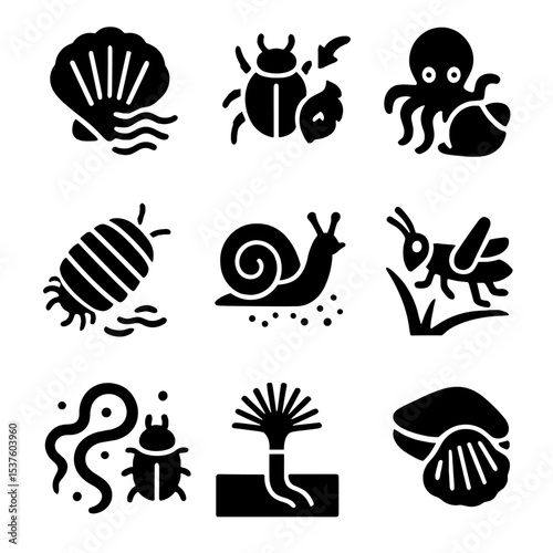 Invertebrate Feeding Icons. Solid, filled icons set of invertebrate feeding types: filter feeder, scavenger,