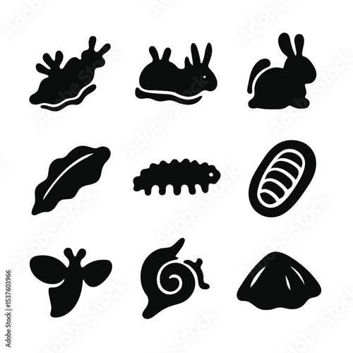 Mollusk Icon Collection. Solid, filled icons set of mollusks without shells: sea slug, nudibranch, sea hare,