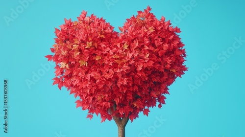 Red tree forms a heart shape against a bright blue background