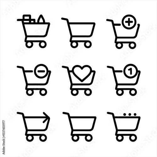 Shopping Cart Icons. Outline icon set of shopping cart actions: full cart, empty cart, add to cart, remove from cart, saved items,