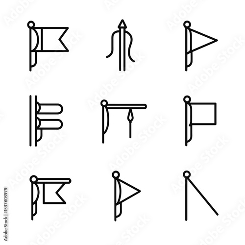 Signal Halyards Icons. Outline icon set of signal halyards: semaphore flag halyard, signal mast rope, flag downhaul, gaff halyard,