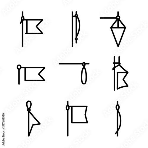 Signal Halyards Icons. Outline icon set of signal halyards: semaphore flag halyard, signal mast rope, flag downhaul, gaff halyard,
