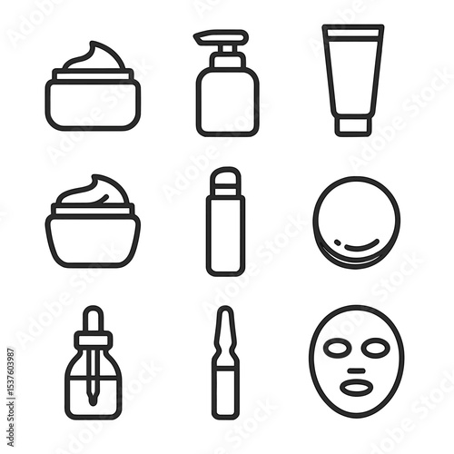 Skincare Icon Set. Outline icon set of skincare softness: moisturizer jar, lotion pump, balm tube, facial cream, lip balm, cotton