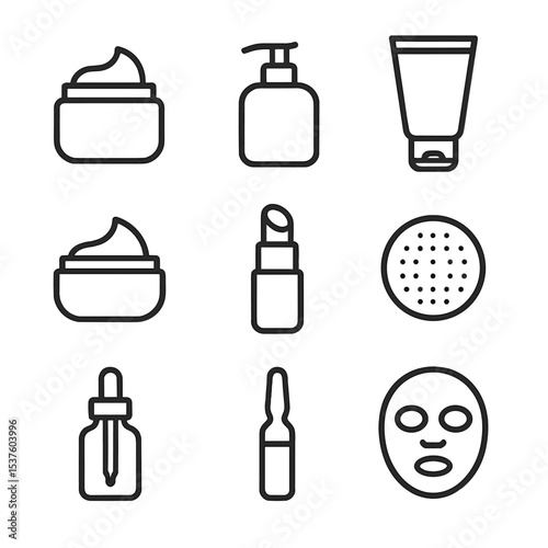Skincare Icon Set. Outline icon set of skincare softness: moisturizer jar, lotion pump, balm tube, facial cream, lip balm, cotton