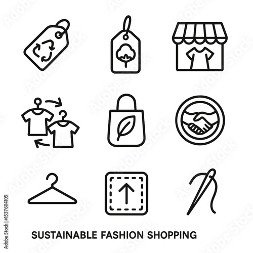 Sustainable Fashion Icons. Outline icon set of sustainable fashion shopping: recycled tag, organic cotton label, thrift store,