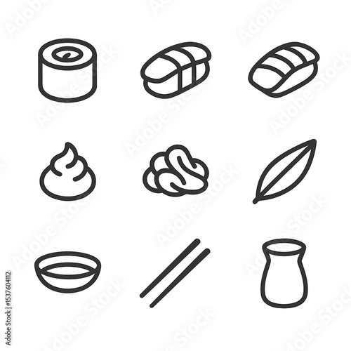 Sushi Icon Set. Outline icon set of sushi plating styles: maki roll, nigiri piece, sashimi slice, wasabi dollop, pickled ginger,