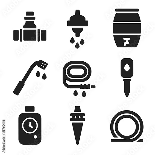 Urban Garden Irrigation Icons. Solid, filled icons set of urban garden irrigation: hose connector, drip