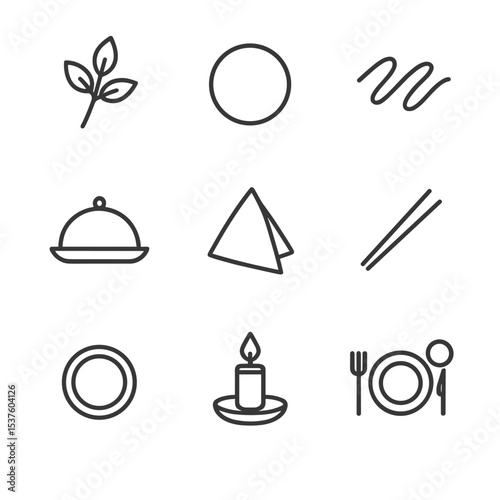 Table Setting Icons. Outline icon set of meal presentation styling: garnish sprig, plating ring, sauce drizzle, serving platter,