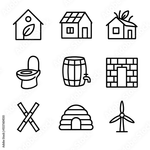 Sustainable Lodging Icons. Outline icon set of sustainable lodging: eco cabin, solar panel roof, green roof, composting toilet,