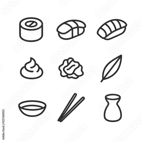 Sushi Icon Set. Outline icon set of sushi plating styles: maki roll, nigiri piece, sashimi slice, wasabi dollop, pickled ginger,