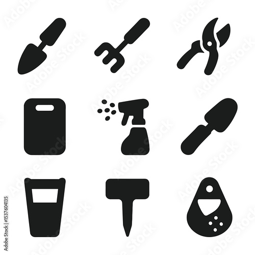 Compact Gardening Tools Icons. Solid, filled icons set of compact gardening tools: hand trowel, mini rake,