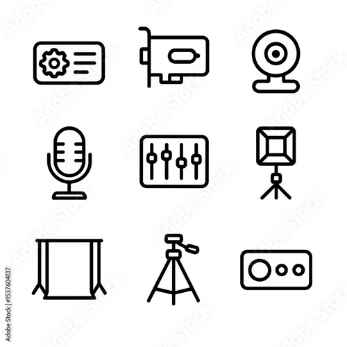 Tech Icon Set. Outline icon set of encoding and hardware: encoder, capture card, webcam, microphone, audio mixer, lighting kit,