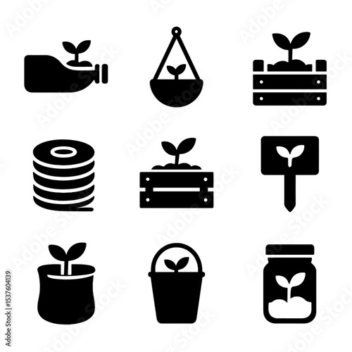 DIY Gardening Icons. Solid, filled icons set of DIY gardening hacks: upcycled bottle planter, rope hanger,