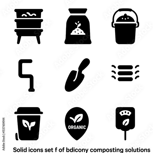 Balcony Composting Icons. Solid, filled icons set of balcony composting solutions: worm bin, compost bag,