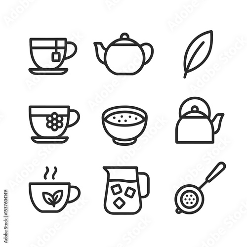 Tea Variety Icons. Outline icon set of tea varieties: green tea cup, black tea pot, oolong leaf, chamomile teacup, matcha bowl,