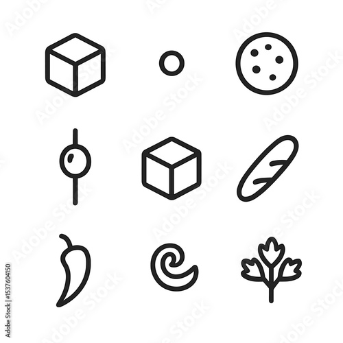 Tapas Icon Set. Outline icon set of tapas plating: patatas bravas cube, aioli dot, chorizo slice, olive skewer, manchego cube,