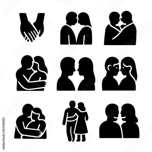 Intimate Couple Icons. Solid, filled icons set of intimate couple moments: holding hands, forehead touch,