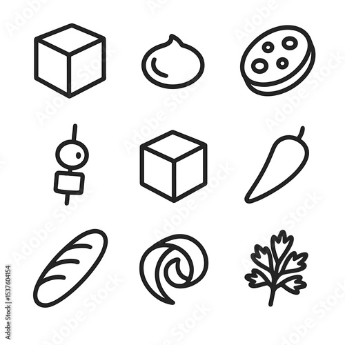 Tapas Icon Set. Outline icon set of tapas plating: patatas bravas cube, aioli dot, chorizo slice, olive skewer, manchego cube,