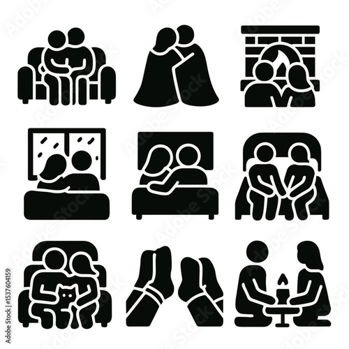Cozy Home Moments. Solid, filled icons set of home cuddling scenes: couch cuddle, shared blanket, fireplace